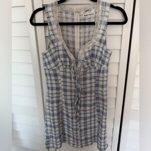 Reformation Blue and White Gingham Dress with Lace Trim